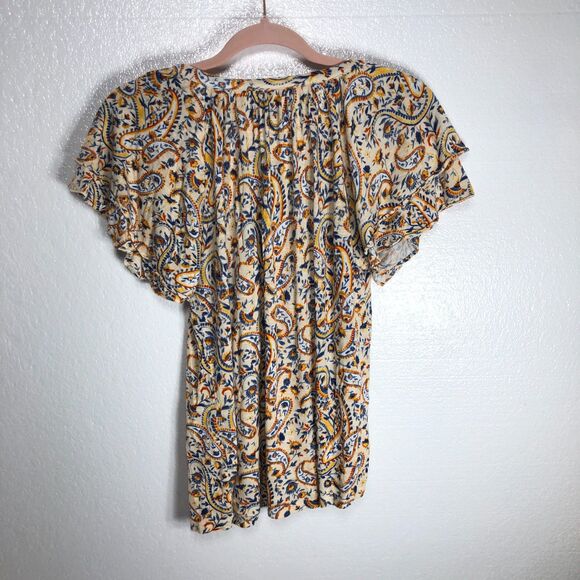 Chaps Semisheer Blouse Yellow Multicolor Short Sleeve Women Size S Lace Up - Picture 2 of 7